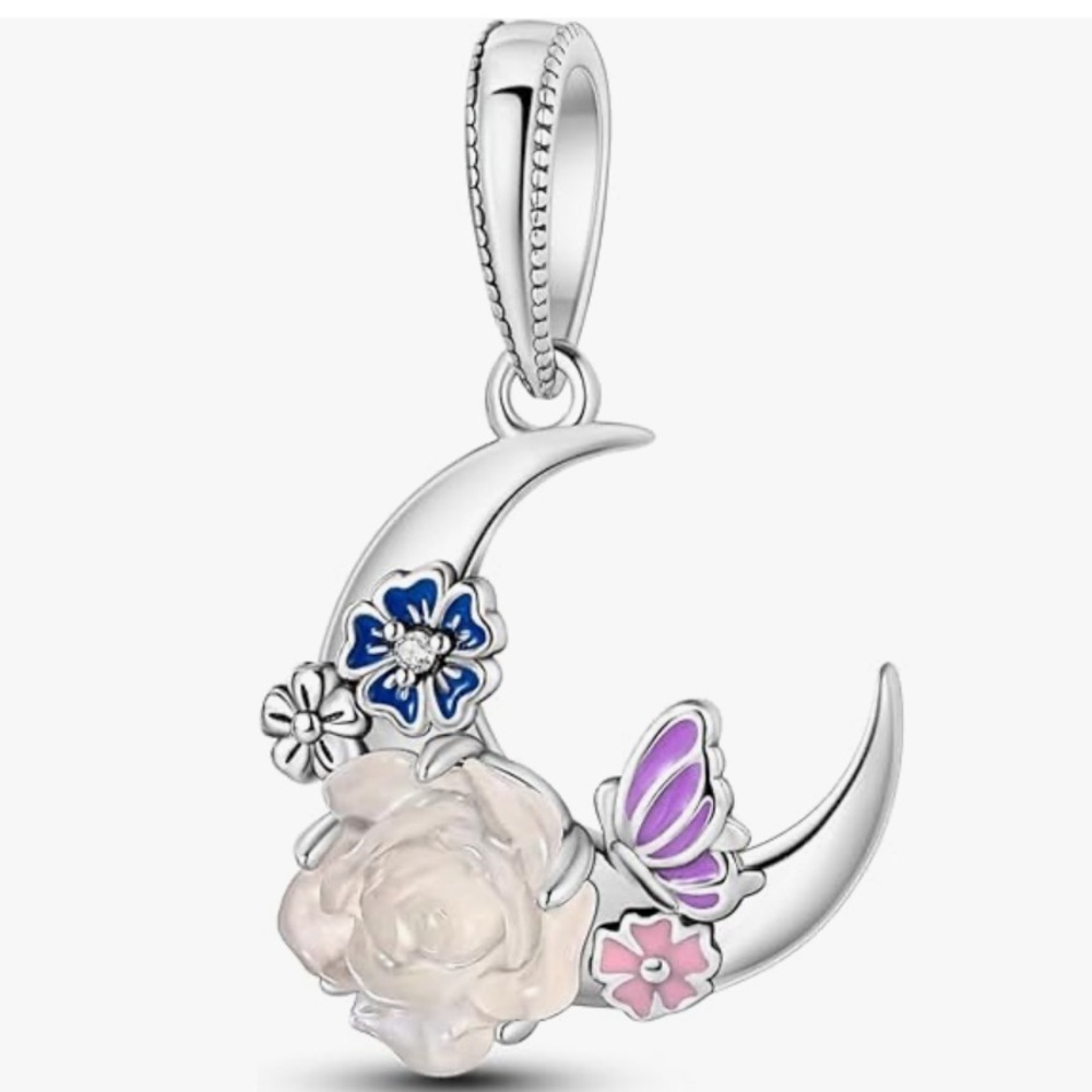 Silver Crescent Moon charm with flower that glows in the dark fits all pandoras